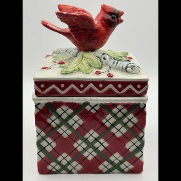 FITZ AND FLOYD Christmas "Winterberry" Plaid W/Cardinal Lidded Trinket Box - Picture 1 of 8